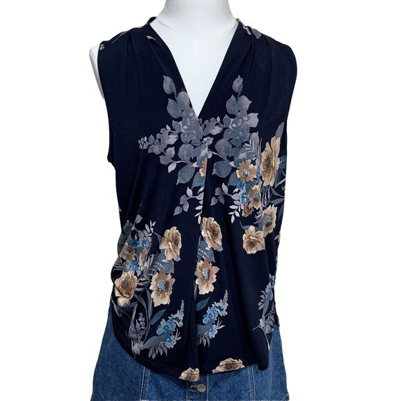 Beacon Sleeveless Floral Blouse Size Small Made In USA Navy Blue Stretch - Picture 1 of 6